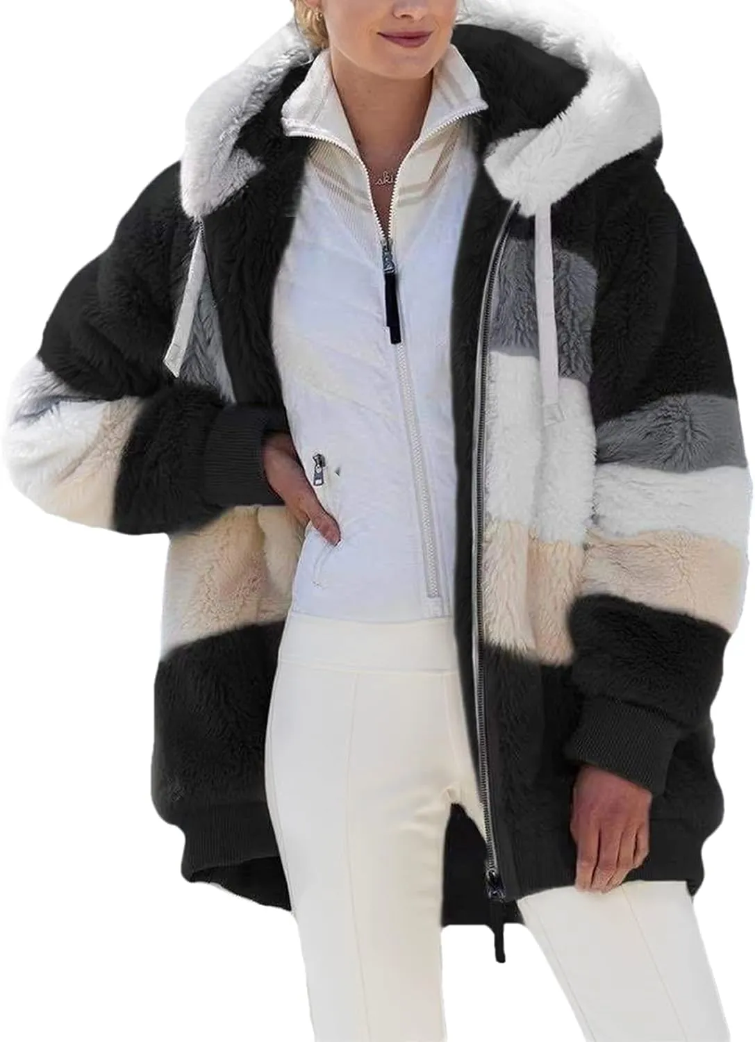 TIAFORD Women's Sherpa Jacket Fuzzy Fleece Zip Up Hoodie Oversized Jackets Winter Warm Fluffy Coat with Pockets