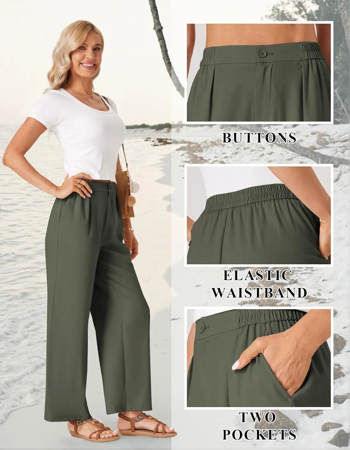 TOPYOGAS Womens Summer Linen Boho Wide Leg Casual Pants Palazzo Button High Waist Lounge Travel Vacation Outfits