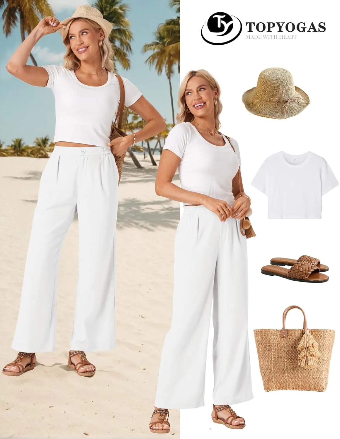 TOPYOGAS Womens Summer Linen Boho Wide Leg Casual Pants Palazzo Button High Waist Lounge Travel Vacation Outfits