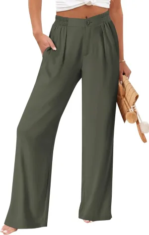 TOPYOGAS Womens Summer Linen Boho Wide Leg Casual Pants Palazzo Button High Waist Lounge Travel Vacation Outfits