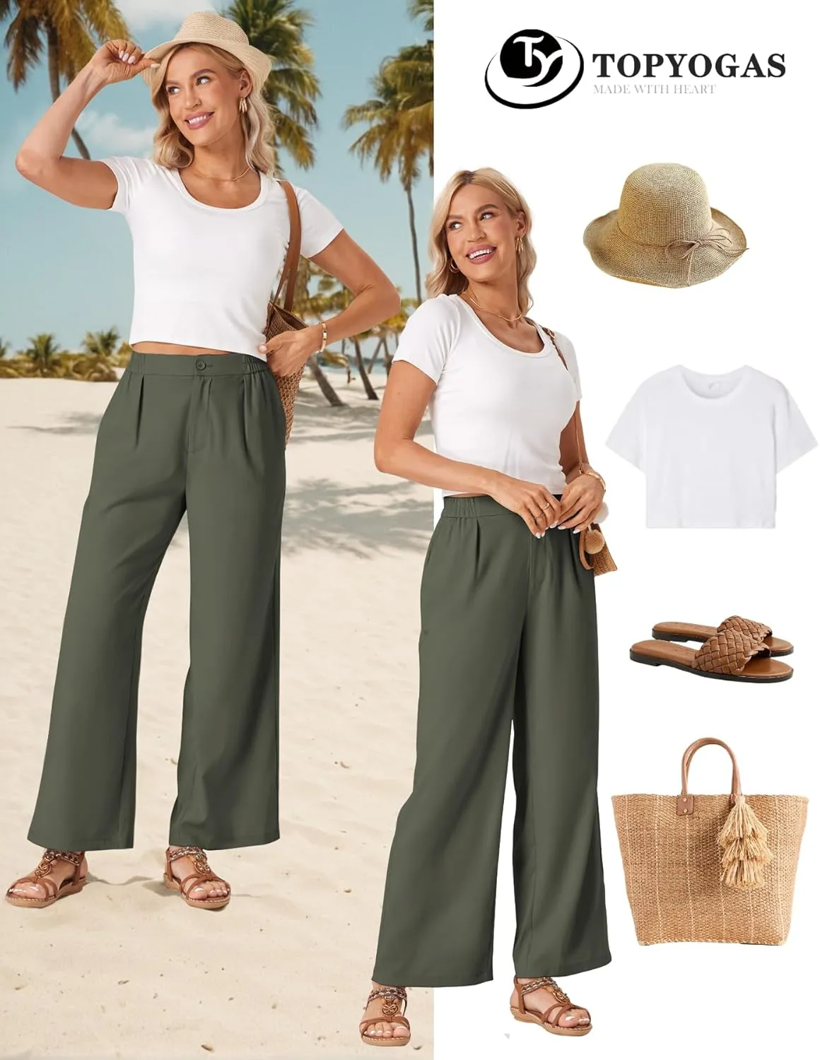 TOPYOGAS Womens Summer Linen Boho Wide Leg Casual Pants Palazzo Button High Waist Lounge Travel Vacation Outfits