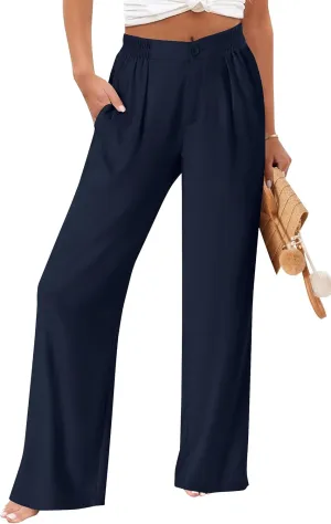 TOPYOGAS Womens Summer Linen Boho Wide Leg Casual Pants Palazzo Button High Waist Lounge Travel Vacation Outfits