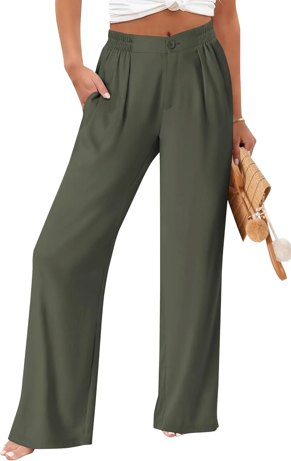 TOPYOGAS Womens Summer Linen Boho Wide Leg Casual Pants Palazzo Button High Waist Lounge Travel Vacation Outfits