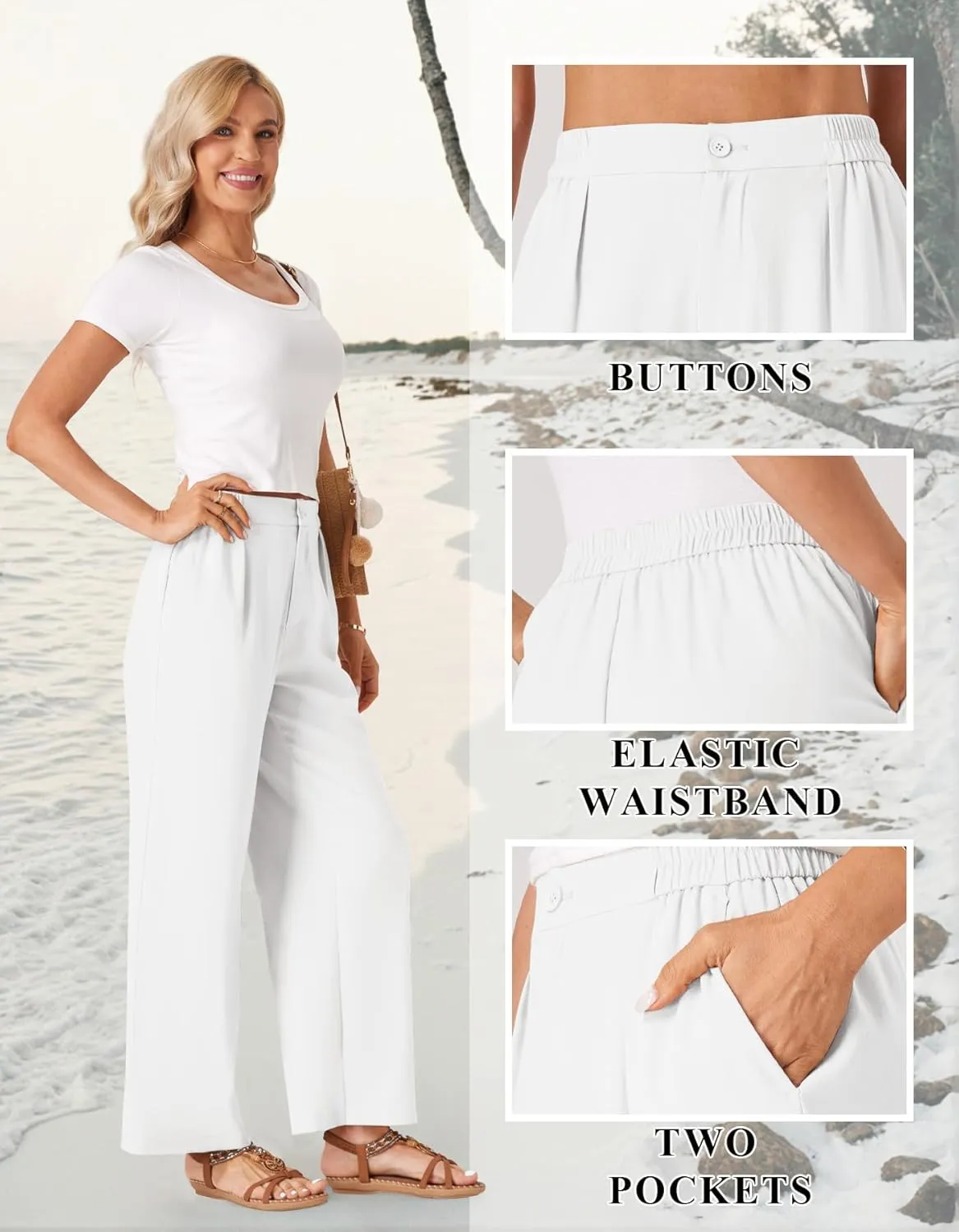 TOPYOGAS Womens Summer Linen Boho Wide Leg Casual Pants Palazzo Button High Waist Lounge Travel Vacation Outfits