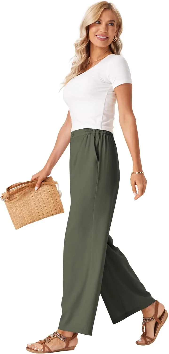 TOPYOGAS Womens Summer Linen Boho Wide Leg Casual Pants Palazzo Button High Waist Lounge Travel Vacation Outfits