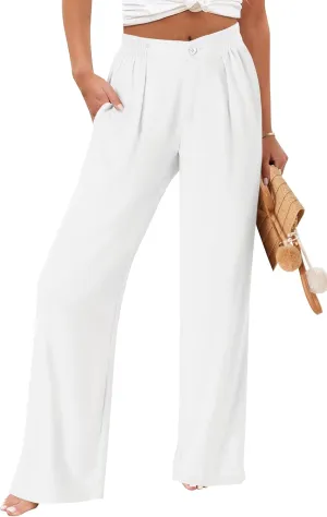 TOPYOGAS Womens Summer Linen Boho Wide Leg Casual Pants Palazzo Button High Waist Lounge Travel Vacation Outfits