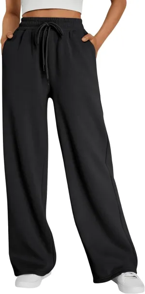 Trendy Queen Womens Wide Leg Sweatpants High Waisted Baggy Lounge Pants Drawstring Athletic Flared Joggers with Pockets