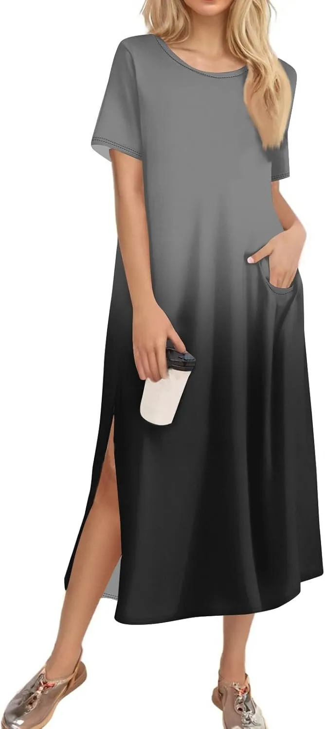 Tshirt Dress Women with Pockets Short Sleeve Side Slit Summer Midi Dresses Scoop Neck Beach Vacation Dresses