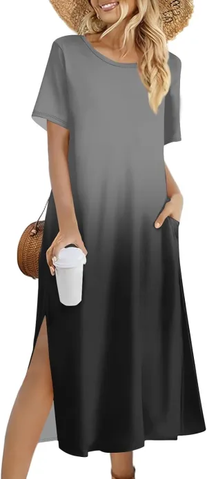Tshirt Dress Women with Pockets Short Sleeve Side Slit Summer Midi Dresses Scoop Neck Beach Vacation Dresses