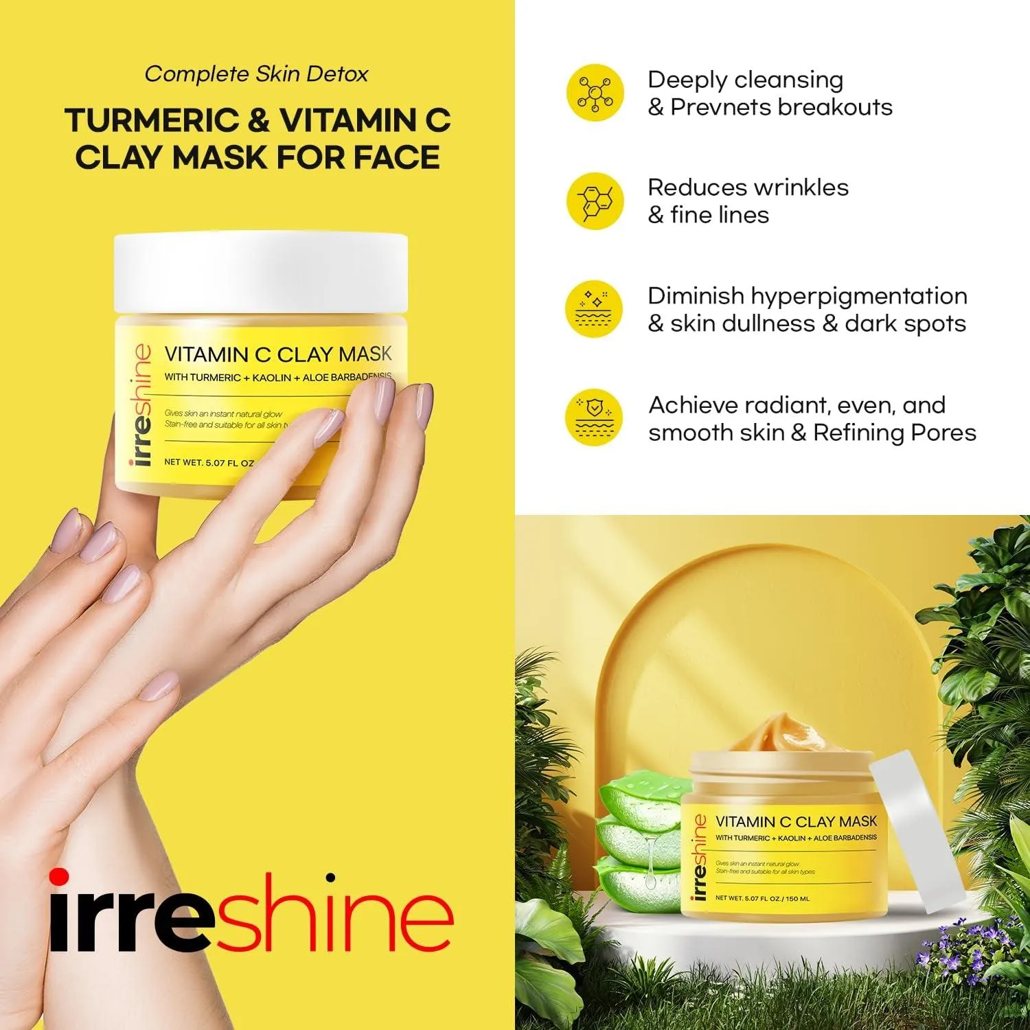 Turmeric Vitamin C Clay Mask: Turmeric Face Mask Vitamin C Clay Mask Clay Mask for Face Clay Face Mask - Vitamin C Clay Mask with Turmeric Vitamin C Face Mask 5.07Oz/150Ml