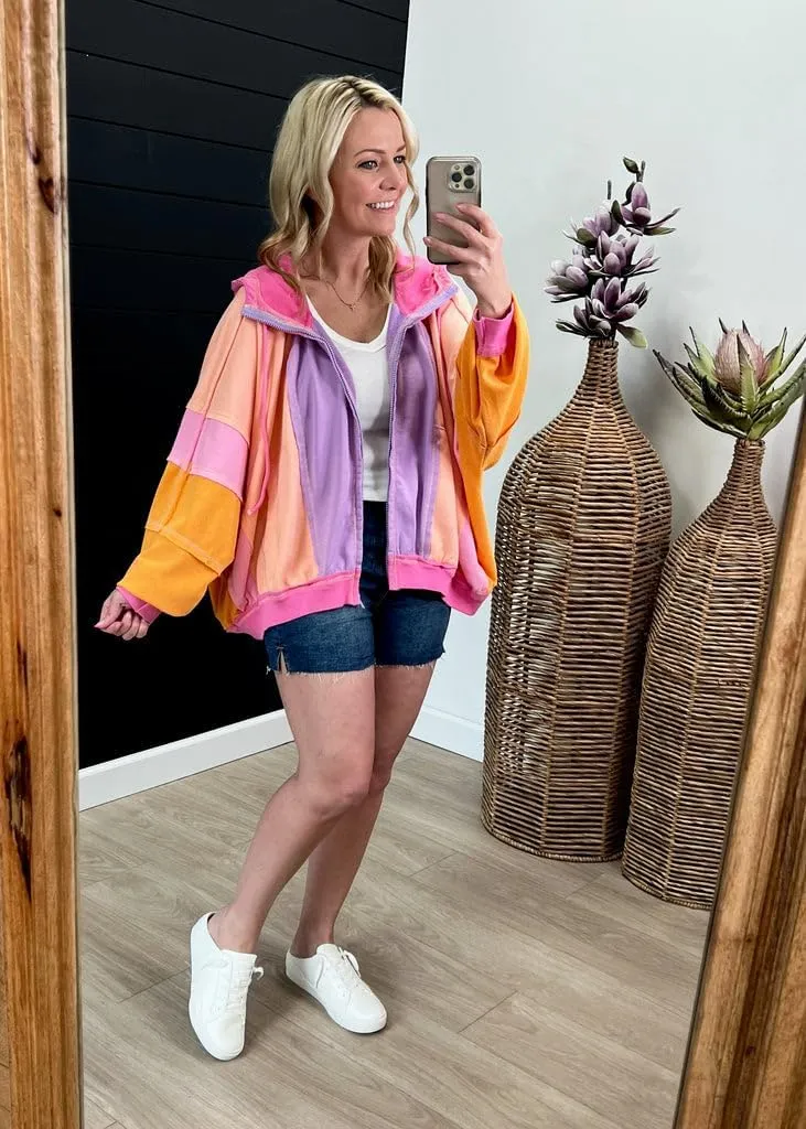 utcoco Women's 2025 Fall Zip Up Color Block Lightweight Jacket Casual Patchwork Oversized Hoodies Jackets Outwear