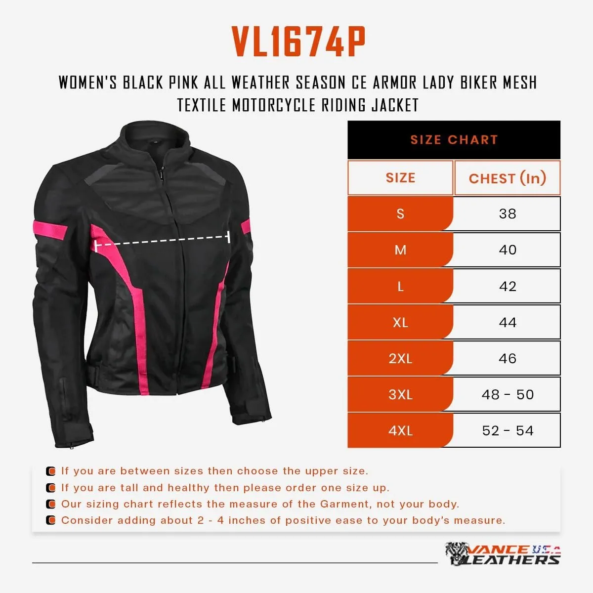 Vance Advance Womens All Weather Season CE Armor Mesh Motorcycle Biker Riding Jacket
