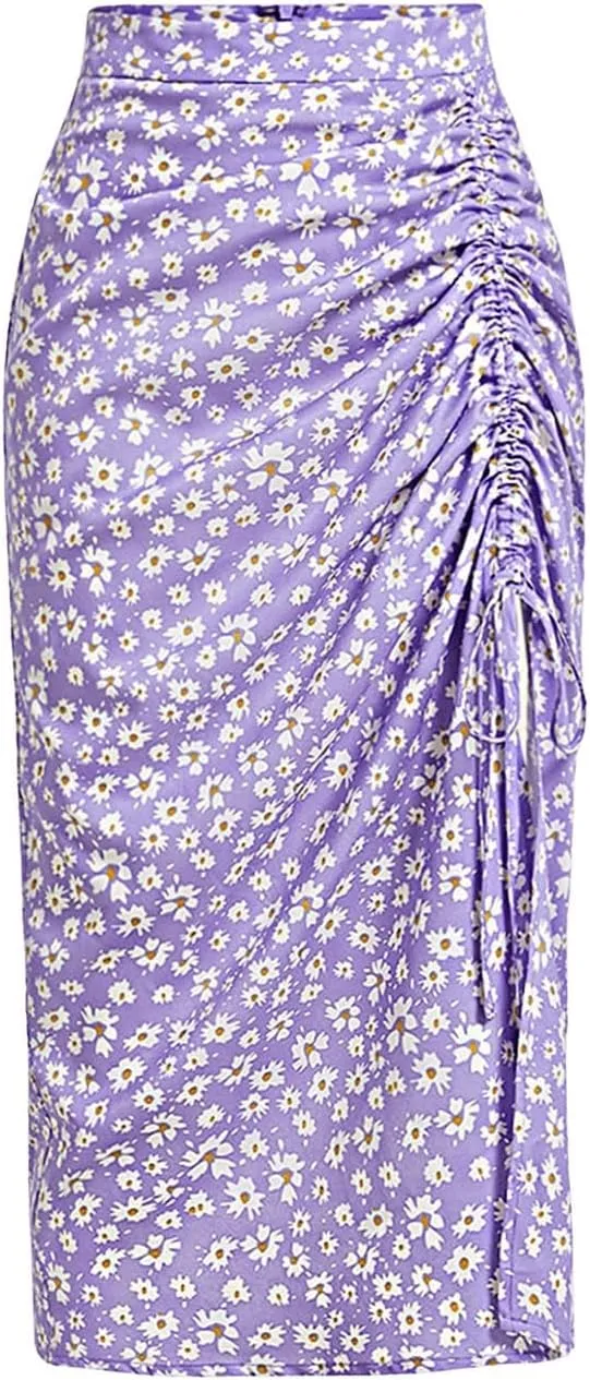 Verdusa Women's Ditsy Floral Print Ruched Skirt Split Thigh Casual Long Skirts