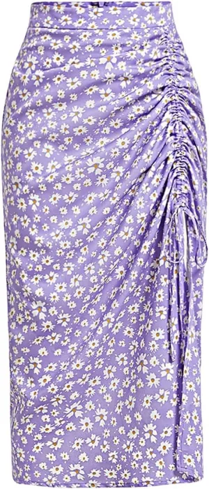 Verdusa Women's Ditsy Floral Print Ruched Skirt Split Thigh Casual Long Skirts
