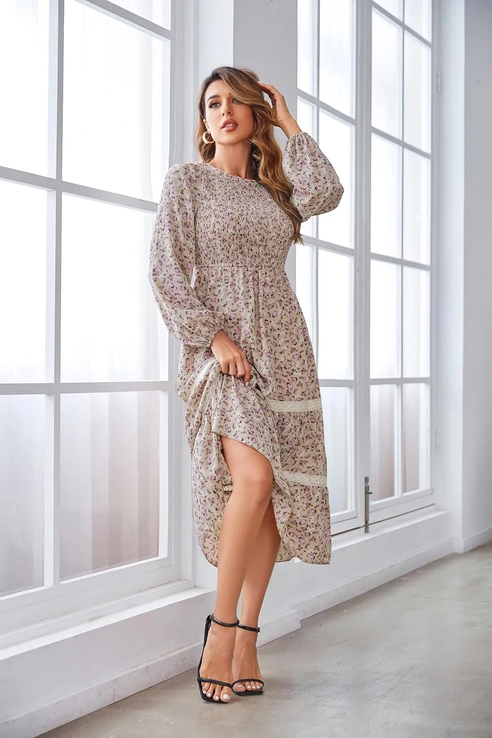 VintageClothing Women's Fall Midi Dress Long Sleeve Casual Crew Neck High Waist Smocked Long Dress with Pockets