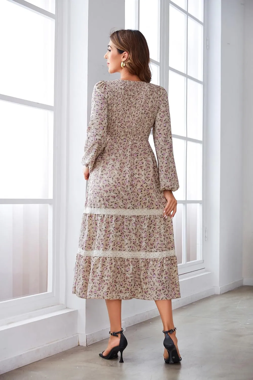 VintageClothing Women's Fall Midi Dress Long Sleeve Casual Crew Neck High Waist Smocked Long Dress with Pockets
