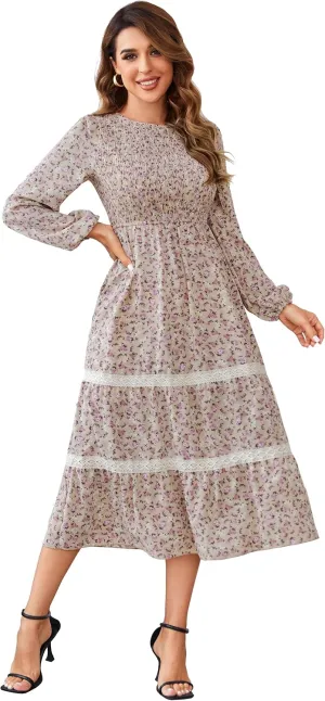 VintageClothing Women's Fall Midi Dress Long Sleeve Casual Crew Neck High Waist Smocked Long Dress with Pockets