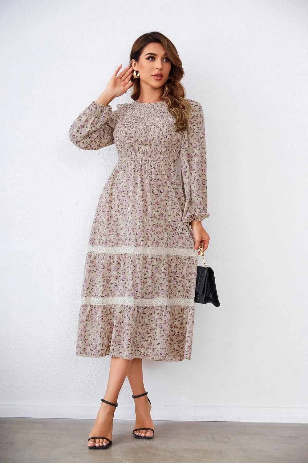 VintageClothing Women's Fall Midi Dress Long Sleeve Casual Crew Neck High Waist Smocked Long Dress with Pockets