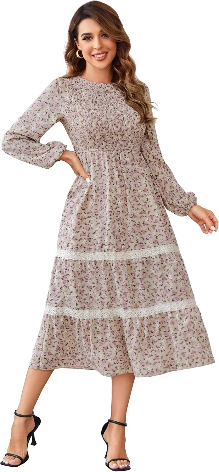 VintageClothing Women's Fall Midi Dress Long Sleeve Casual Crew Neck High Waist Smocked Long Dress with Pockets