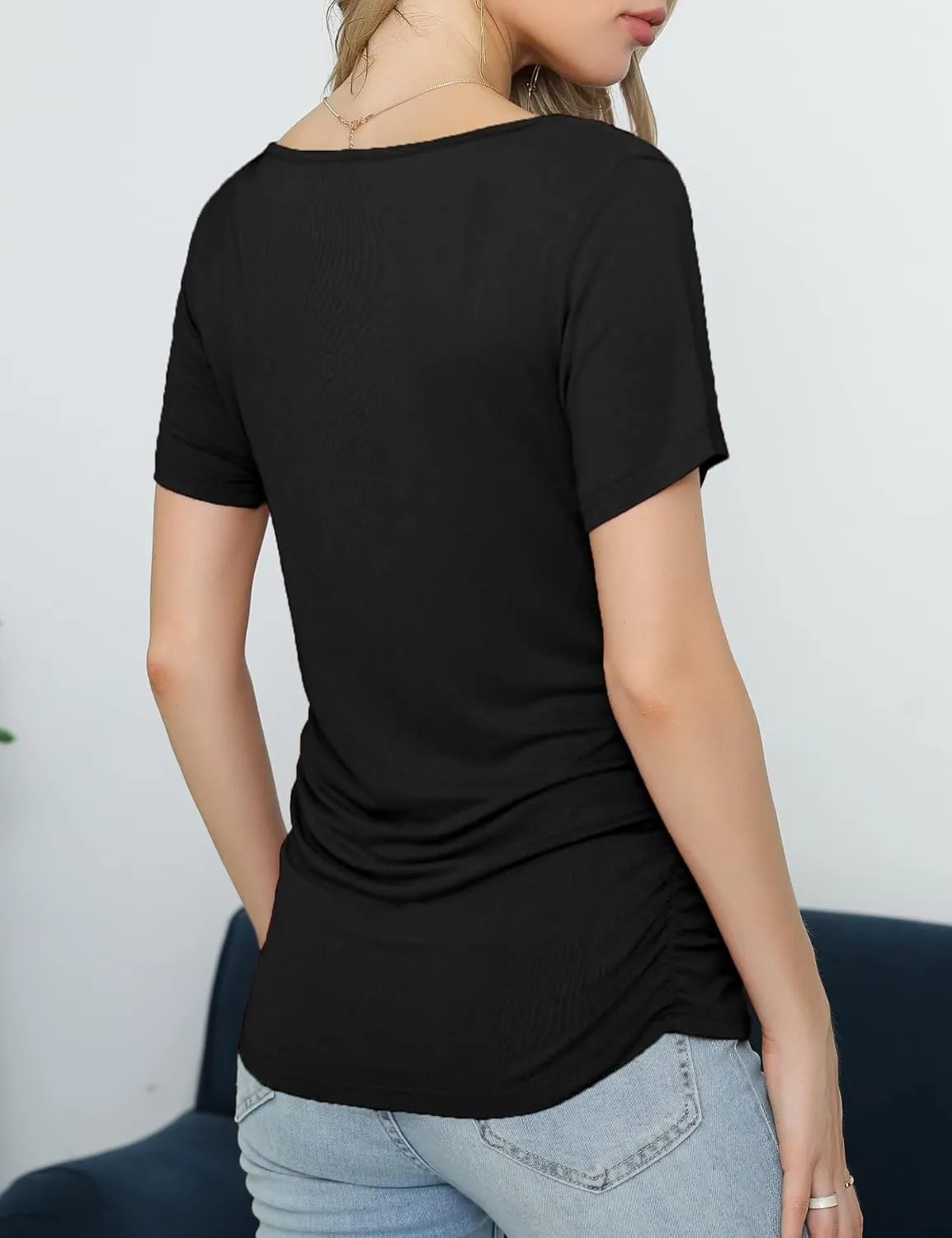 VOIANLIMO Women's Summer Tops Slim Fitted Deep V Neck Cross Wrap Tunic T-Shirt Side ruched Shirring Tees