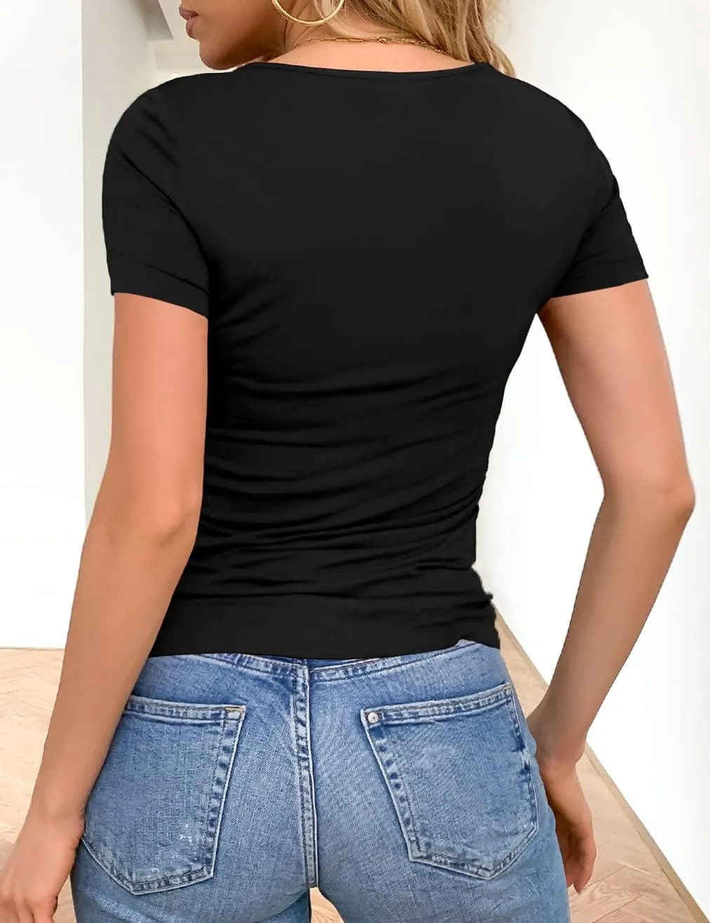 VOIANLIMO Women's Summer Tops Slim Fitted Deep V Neck Cross Wrap Tunic T-Shirt Side ruched Shirring Tees