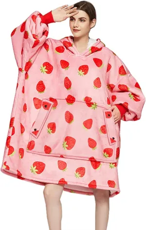 Warm Strawberry Print Hoodie Blanket Oversized Plus Size Sweatershirt with Large Pocket, Christmas Gift for Women/Girlfriends, Maternity Hoodie Dress