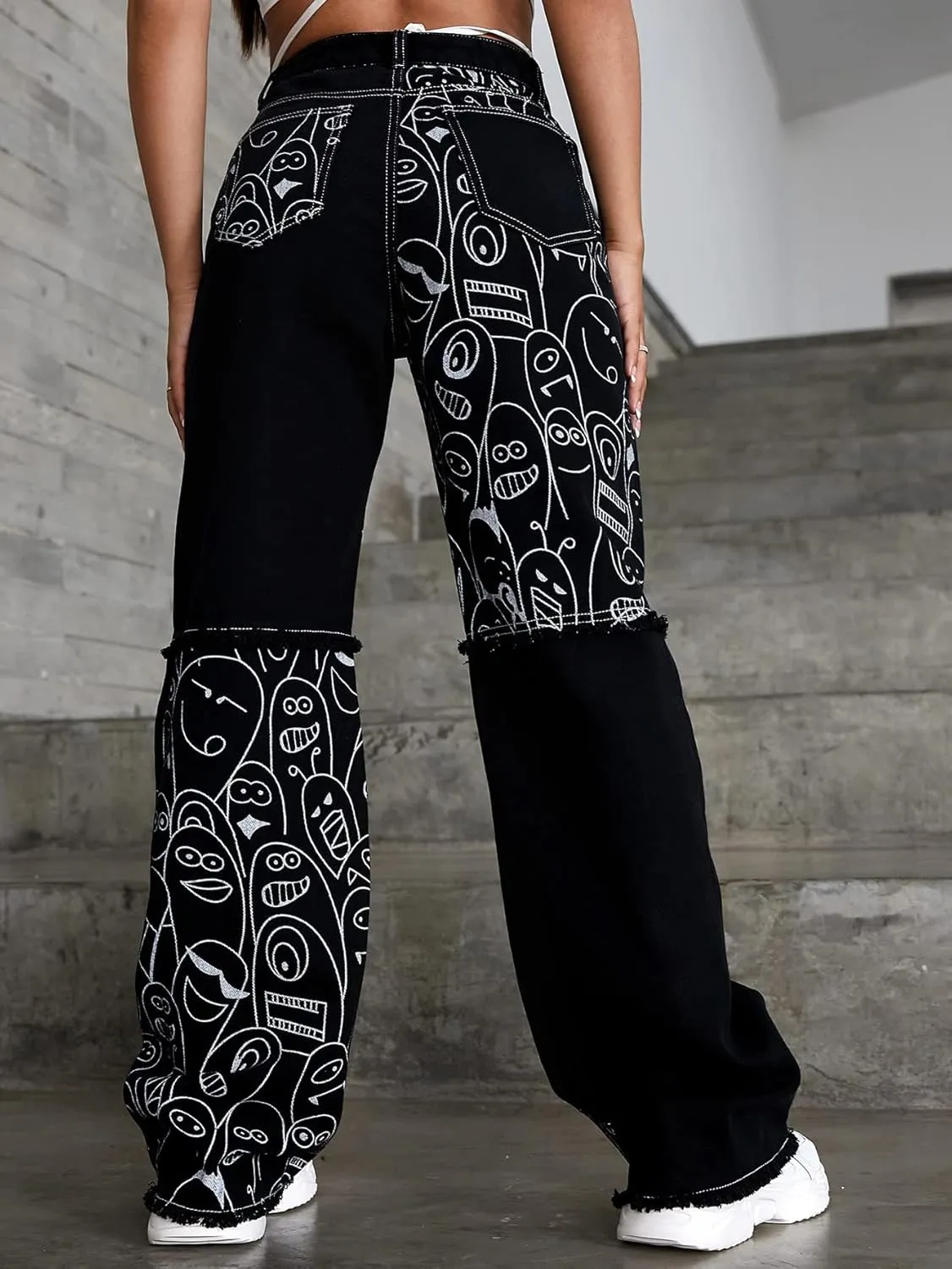 WDIRARA Women's Cow Print Ripped Jeans High Waisted Button Skinny Denim Pants