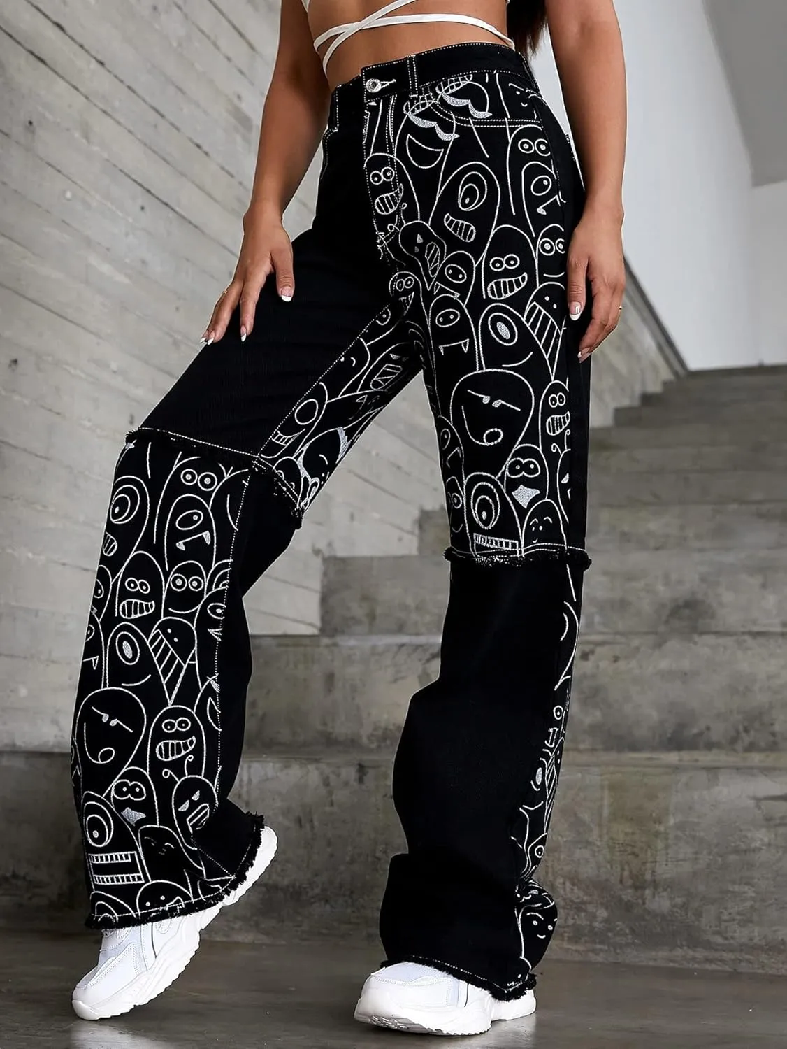 WDIRARA Women's Cow Print Ripped Jeans High Waisted Button Skinny Denim Pants