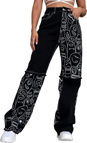 WDIRARA Women's Cow Print Ripped Jeans High Waisted Button Skinny Denim Pants