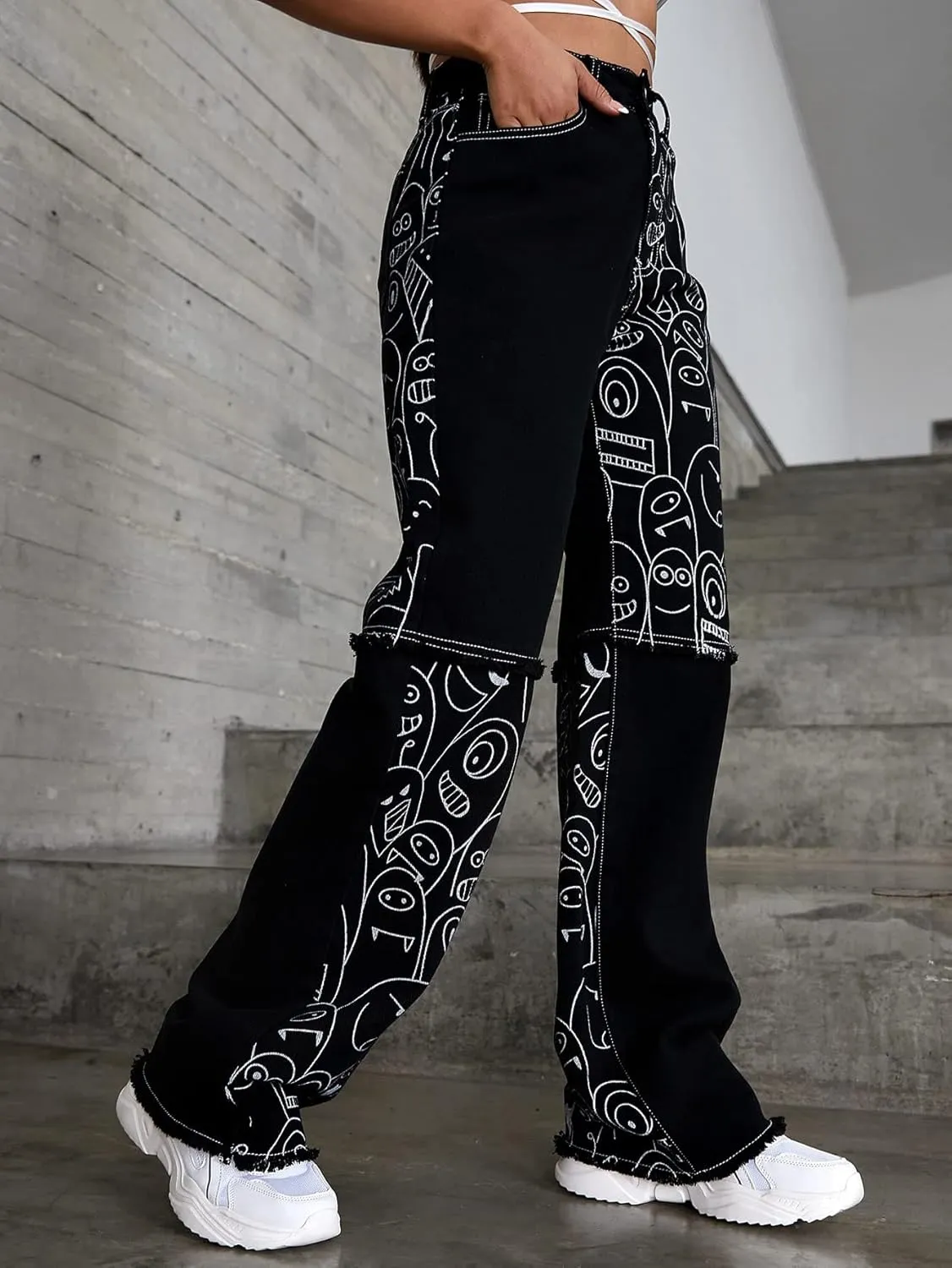 WDIRARA Women's Cow Print Ripped Jeans High Waisted Button Skinny Denim Pants