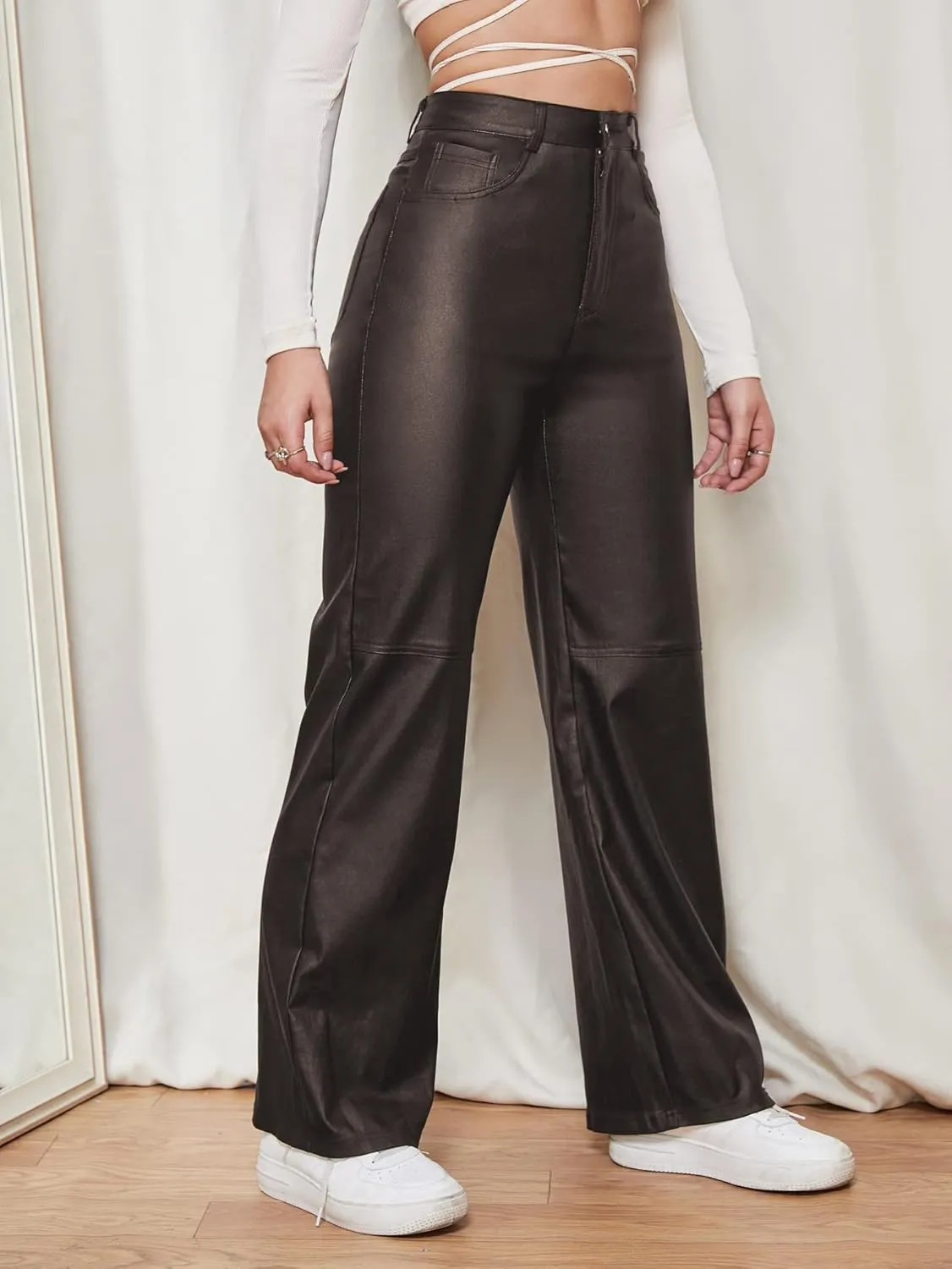 WDIRARA Women's Slant Pocket Straight Leg High Stretch Jeans Leather Look Long Pants