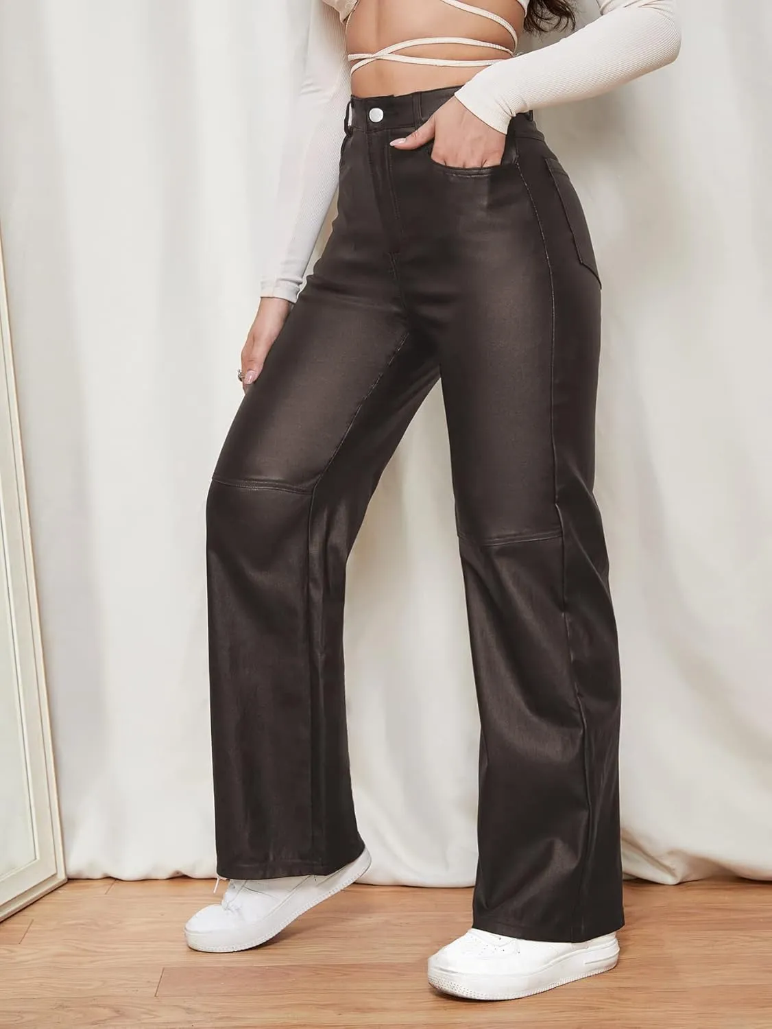 WDIRARA Women's Slant Pocket Straight Leg High Stretch Jeans Leather Look Long Pants