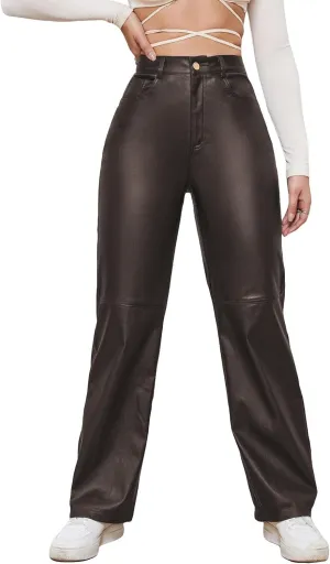 WDIRARA Women's Slant Pocket Straight Leg High Stretch Jeans Leather Look Long Pants