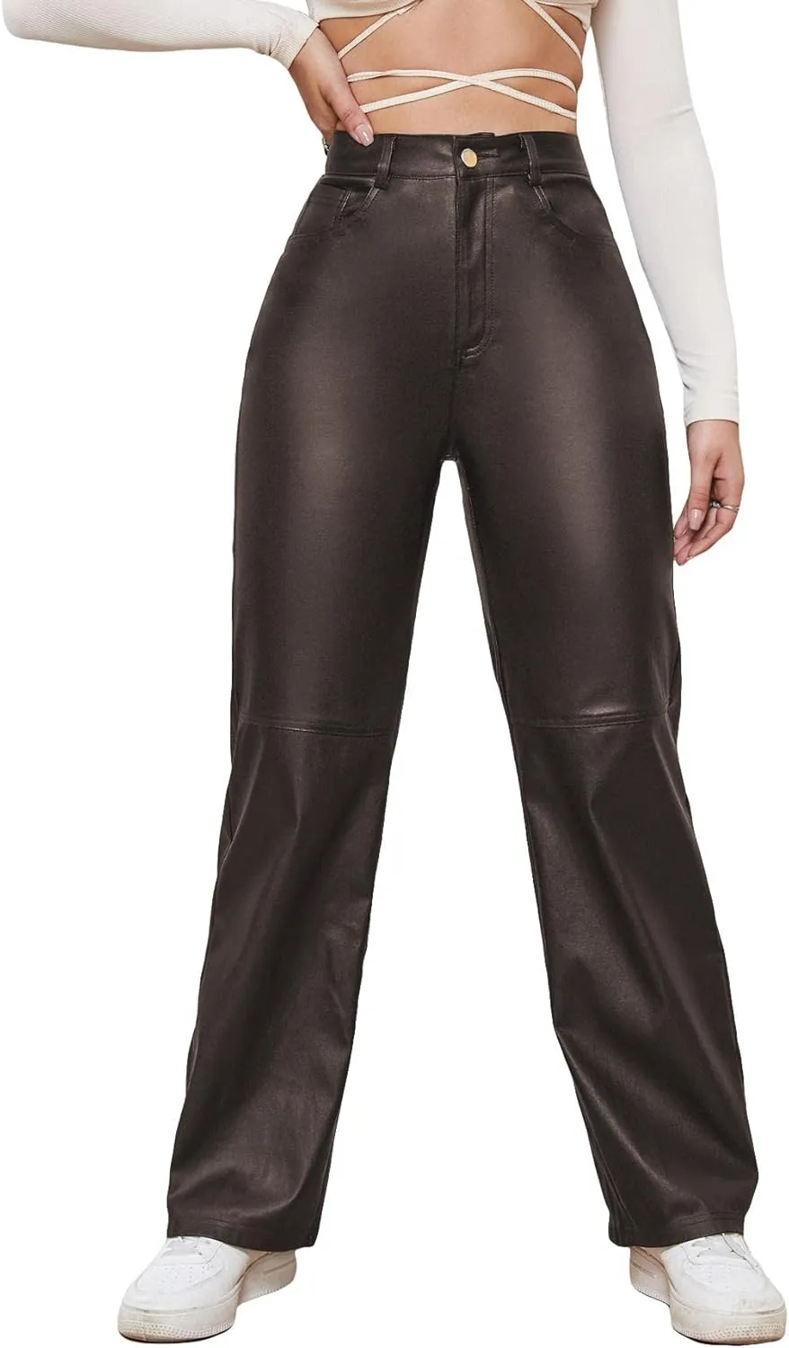 WDIRARA Women's Slant Pocket Straight Leg High Stretch Jeans Leather Look Long Pants