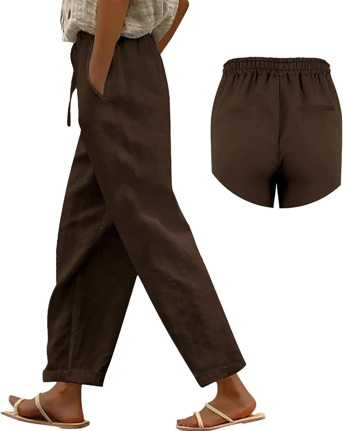 Wide Leg Linen Pants for Women Cropped Pants Cotton Linen High Waisted Trousers Loose Summer Lounge Trousers