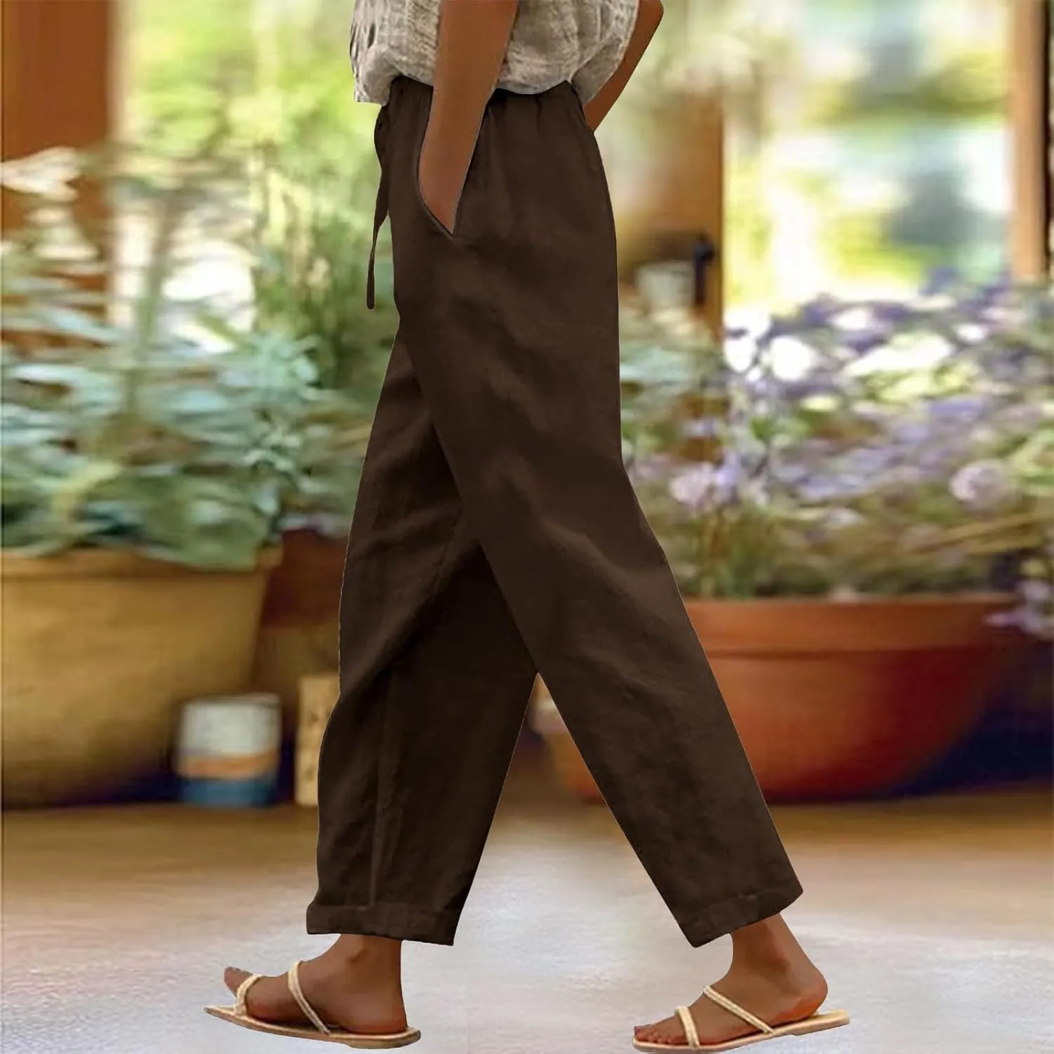 Wide Leg Linen Pants for Women Cropped Pants Cotton Linen High Waisted Trousers Loose Summer Lounge Trousers
