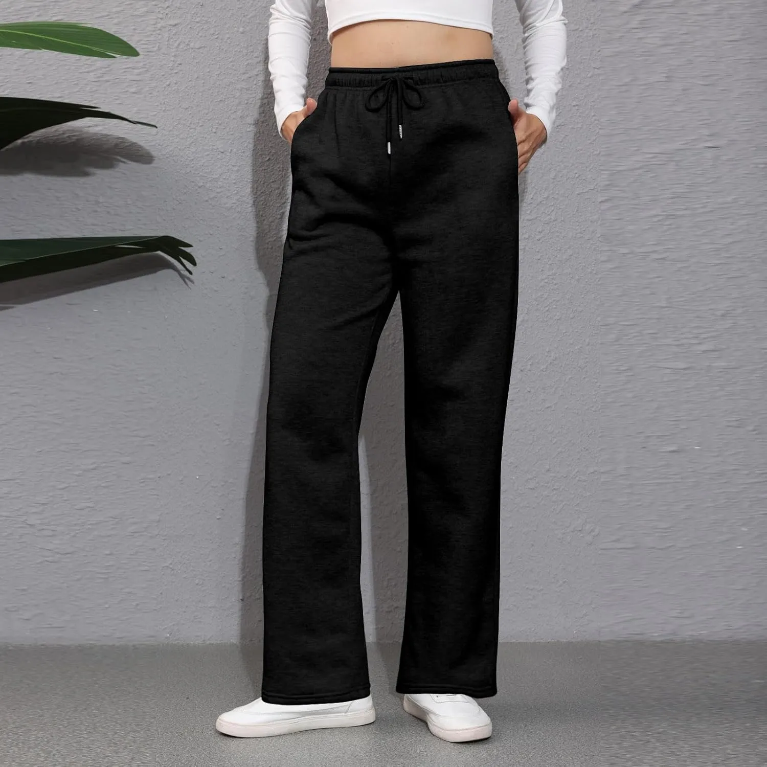 Wide Leg Sweat Pants for Womens High Waisted Fleece Sweatpants with Pockets Y2k Baggy Comfy Athletic Jogger Pants
