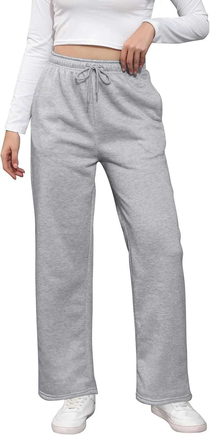 Wide Leg Sweat Pants for Womens High Waisted Fleece Sweatpants with Pockets Y2k Baggy Comfy Athletic Jogger Pants