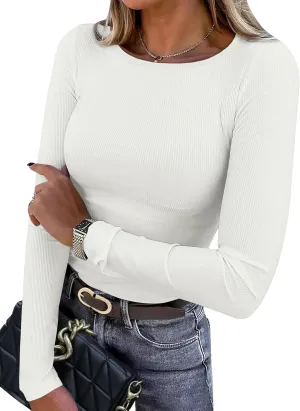 WIHOLL Women's Knit Ribbed Long Sleeve Shirts 2025 Spring Casual Crewneck Tops Slim Fitted Basic Tees