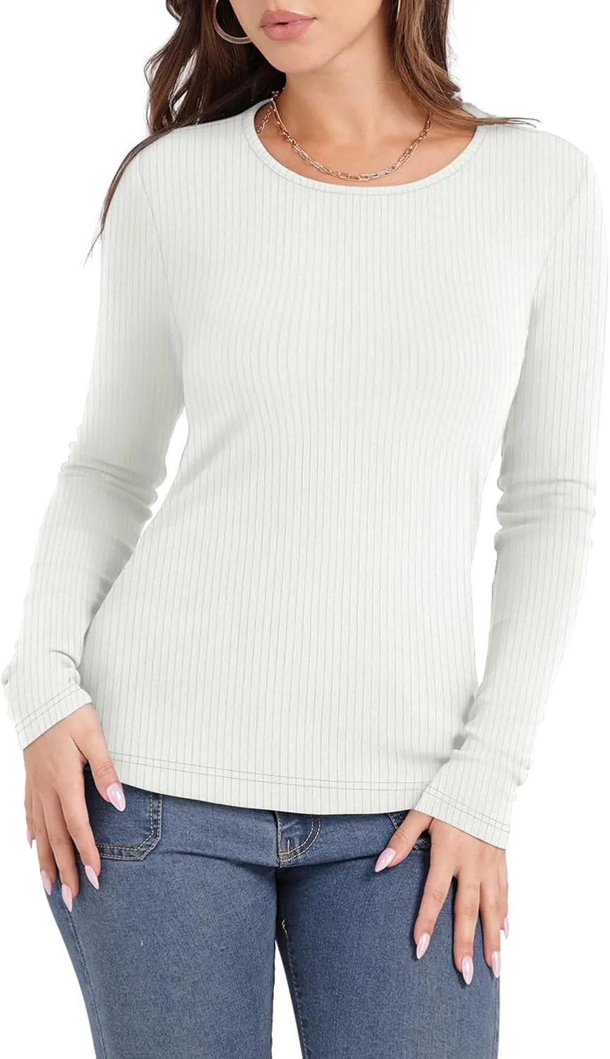 WIHOLL Women's Knit Ribbed Long Sleeve Shirts 2025 Spring Casual Crewneck Tops Slim Fitted Basic Tees