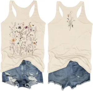 Woffccrd Womens Vintage Flowers Tank Tops Casual Boho Wildflowers Graphic Tees Cottagecore Summer Gym Vest Tops