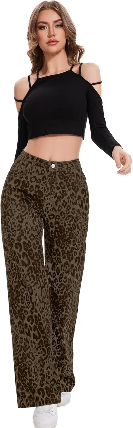 Women Casual High Waist Wide Leg Jeans Boyfriends Stretch Long Trousers Denim Pants