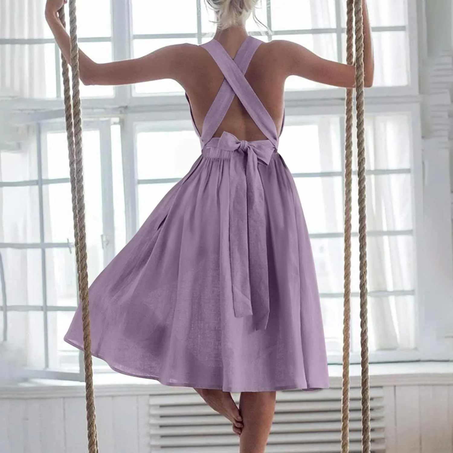 Women Cotton Linen A-line Dress Elegant Cross Lace-Up Backless Midi Dresses Summer Sleeveless Flowy Pleated Dress