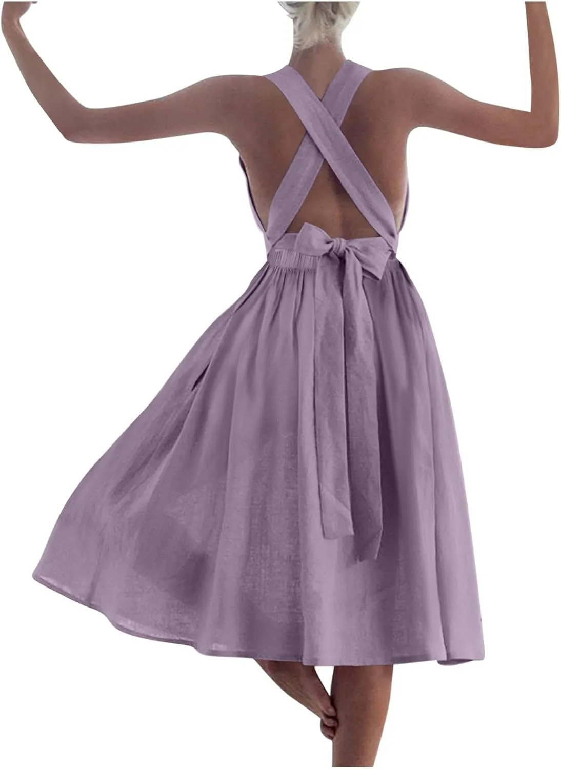 Women Cotton Linen A-line Dress Elegant Cross Lace-Up Backless Midi Dresses Summer Sleeveless Flowy Pleated Dress