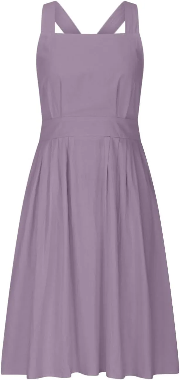 Women Cotton Linen A-line Dress Elegant Cross Lace-Up Backless Midi Dresses Summer Sleeveless Flowy Pleated Dress