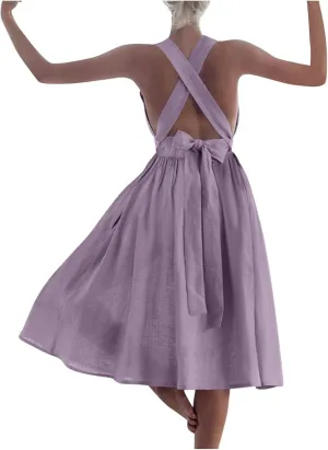Women Cotton Linen A-line Dress Elegant Cross Lace-Up Backless Midi Dresses Summer Sleeveless Flowy Pleated Dress