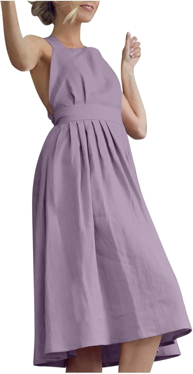 Women Cotton Linen A-line Dress Elegant Cross Lace-Up Backless Midi Dresses Summer Sleeveless Flowy Pleated Dress