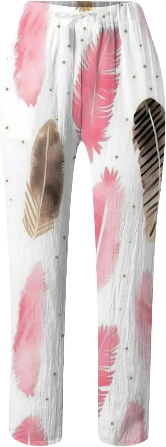 Women Cotton Linen Summer Trendy Pant Trousers Elastic Waisted Long Lounge Slim Fit Pants Beach