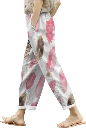 Women Cotton Linen Summer Trendy Pant Trousers Elastic Waisted Long Lounge Slim Fit Pants Beach