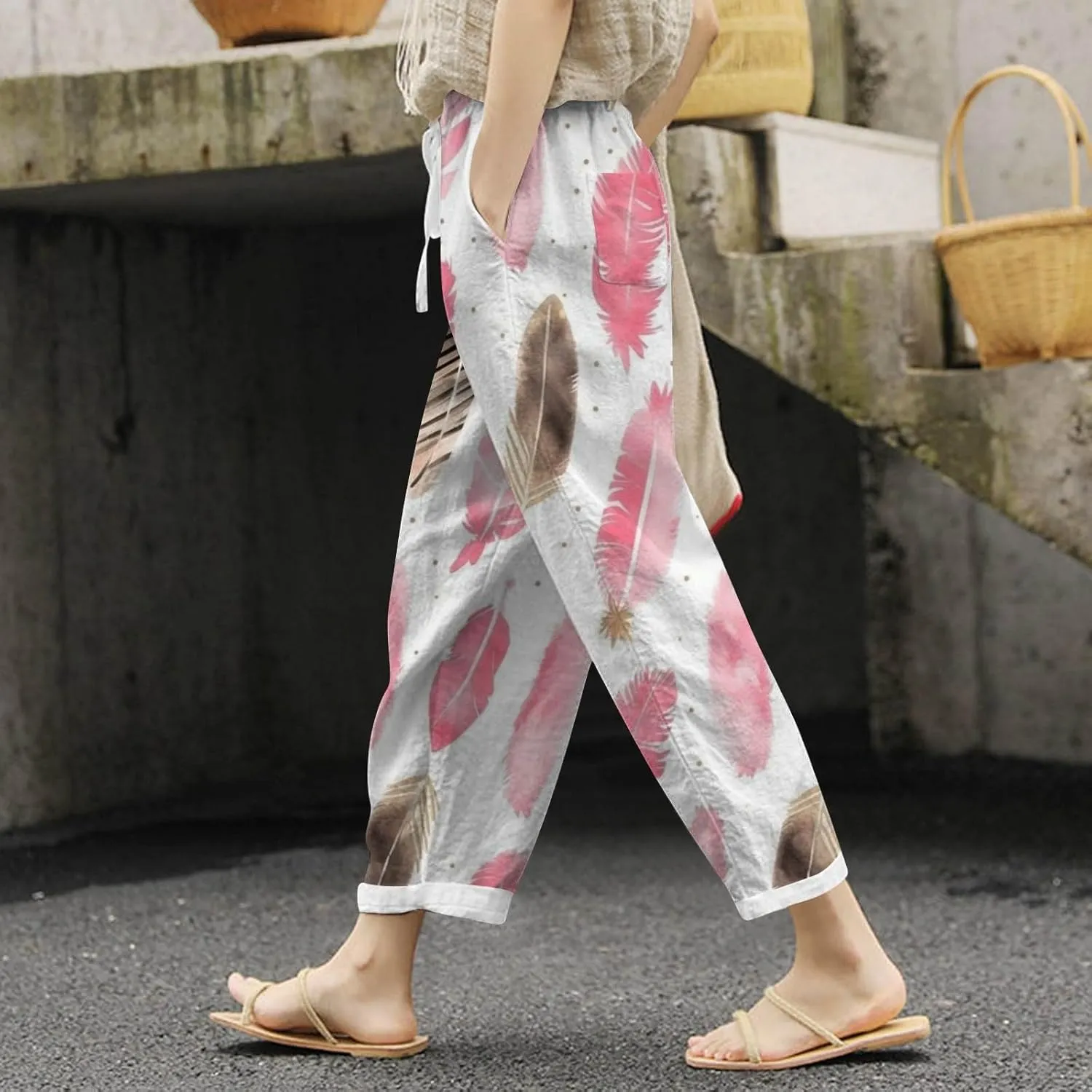 Women Cotton Linen Summer Trendy Pant Trousers Elastic Waisted Long Lounge Slim Fit Pants Beach